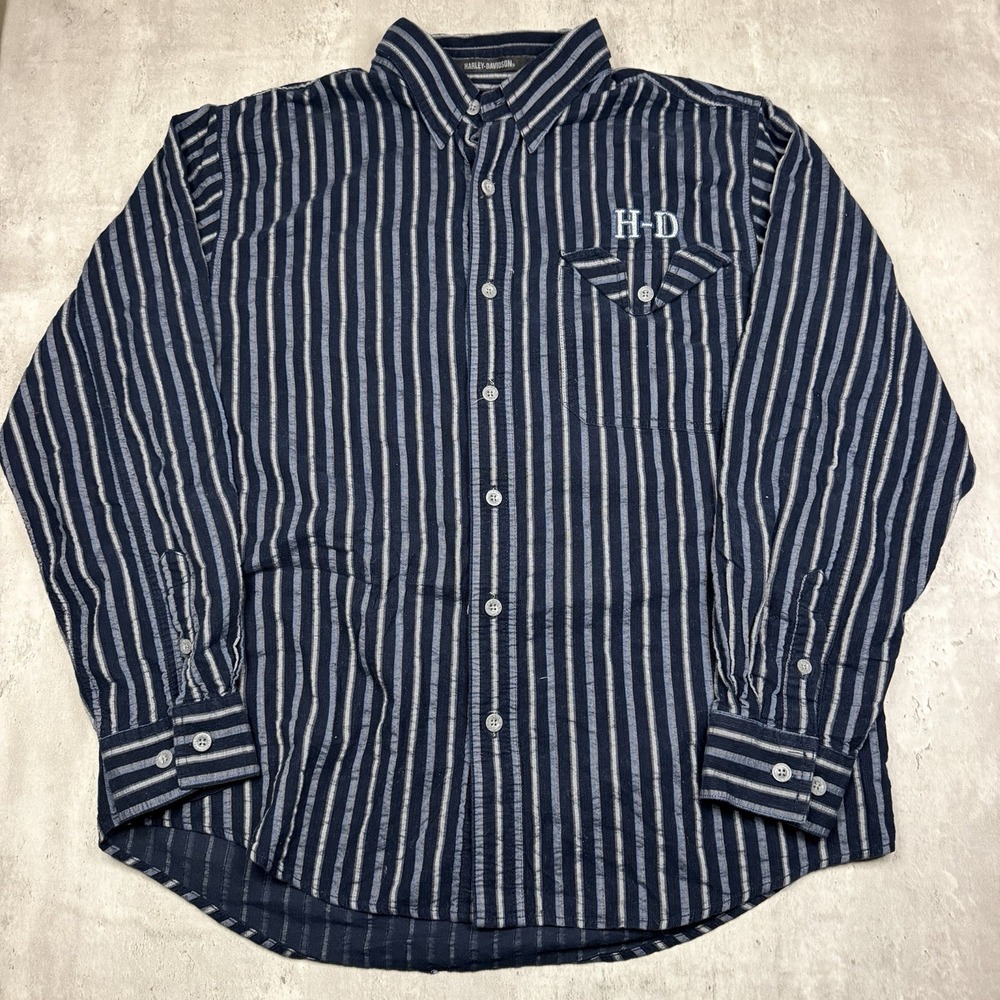 VTG Y2K Harley Davidson Shirt Mens Large Black Blue Striped Paisley Button Up